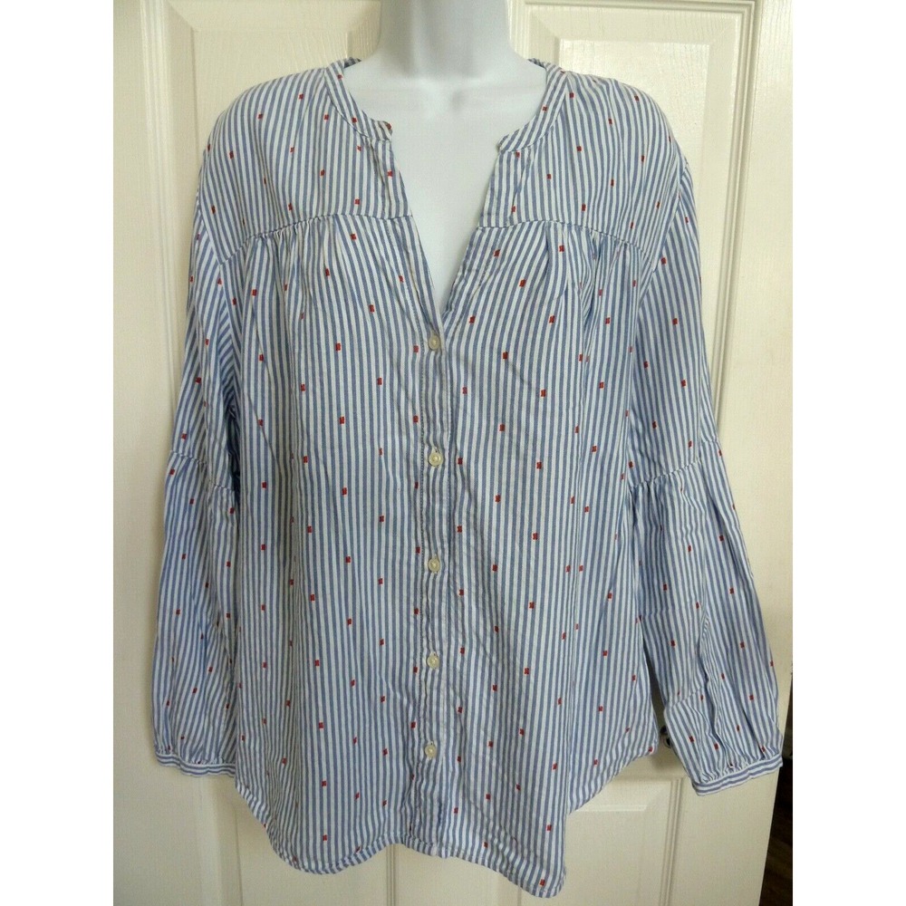 Old Navy Womens XL Blue White Striped Balloon Sleeve V-Neck Blouse Top